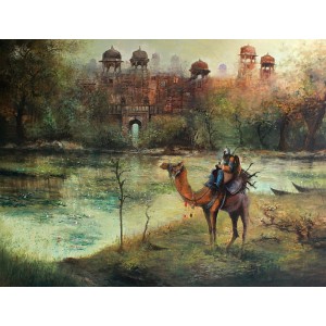 A. Q. Arif, Camel Cavalry of Rajasthan, 36 x 48 Inch, Oil on Canvas, Cityscape Painting, AC-AQ-294